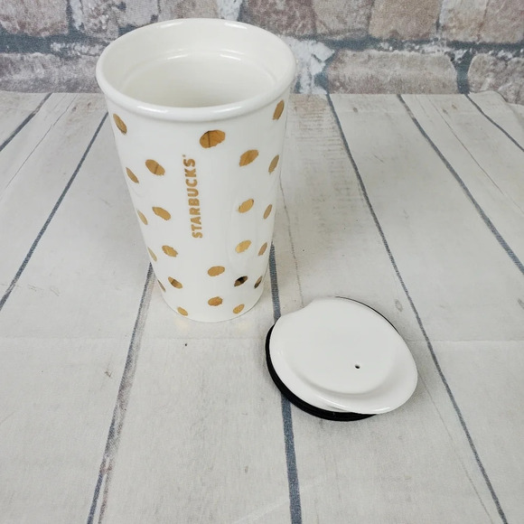 Starbucks Double Wall Travel Tumbler Dot Collection Gold Polka Dots White Lidded - Picture 7 of 10